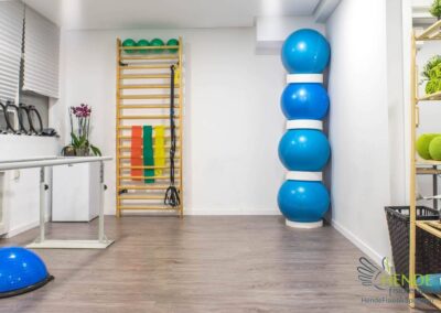 sala de ejercicios con balones azules