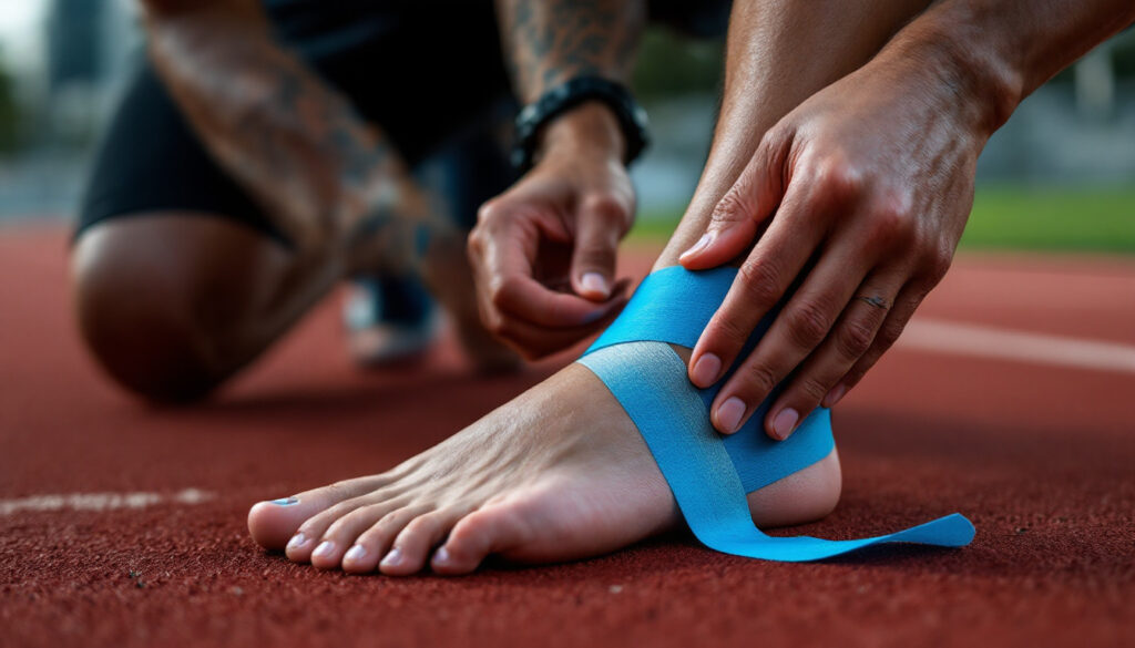 aplicacion de tape azul en pie de atleta en pista