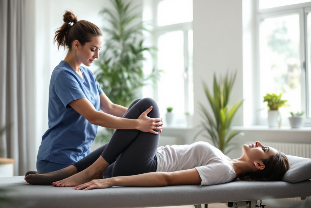 fisioterapeuta realizando terapia en paciente acostado en entorno relajado