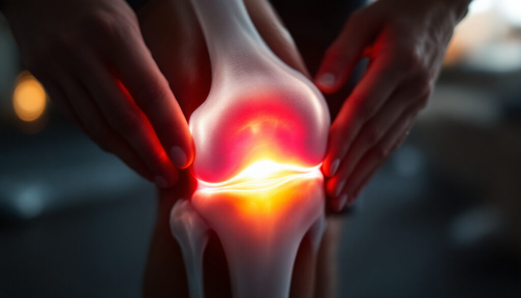 manos sosteniendo rodilla con dolor en luz roja