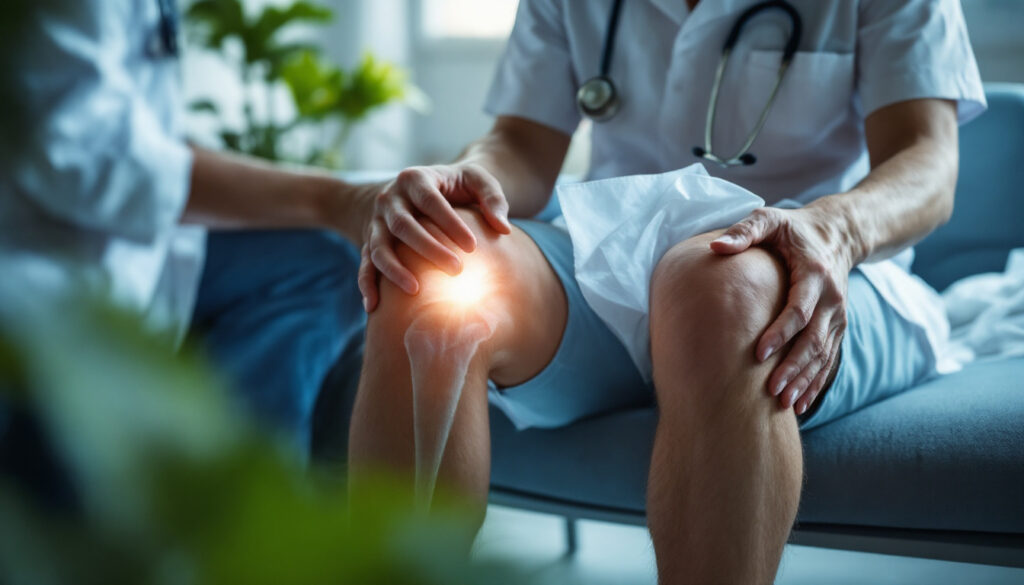 medico evaluando rodilla del paciente en consulta