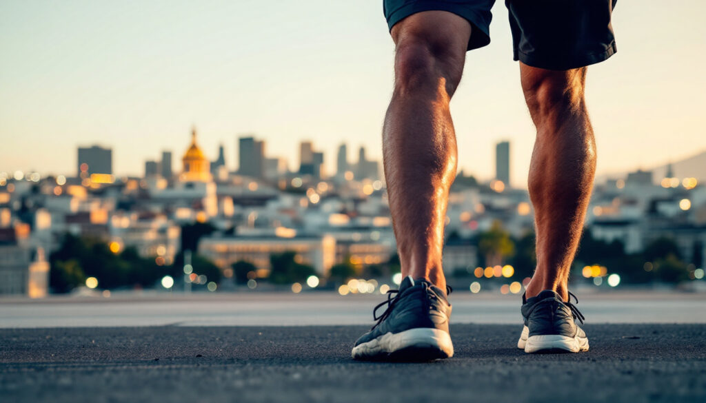 piernas de atleta con vista a ciudad en el atardecer