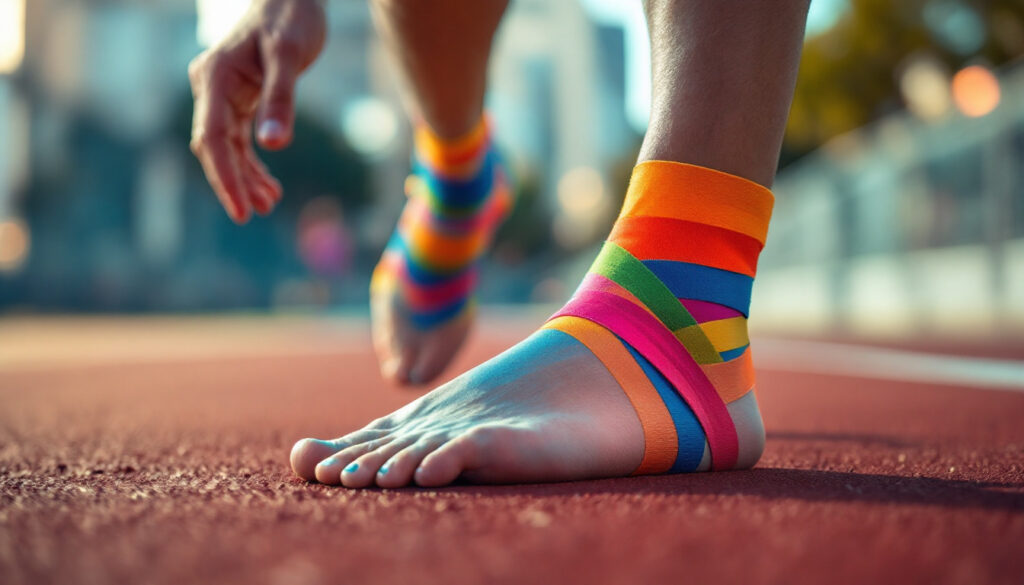 pies con tape de colores en pista durante actividades deportivas