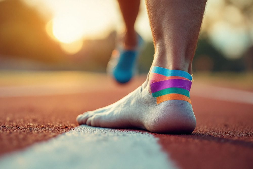 pies deportivos con vendaje de colores en pista al atardecer