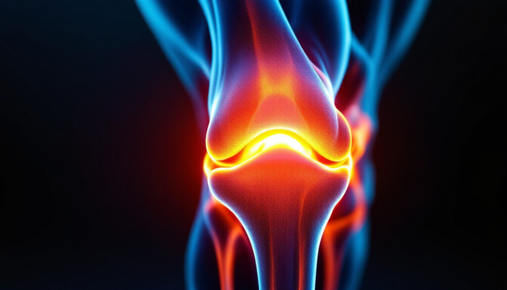 representacion 3d de rodilla con inflamacion en color rojo