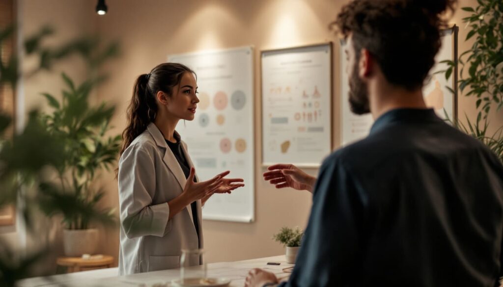 mujer profesional explicando grafico a paciente en consulta con carteles de anatomia
