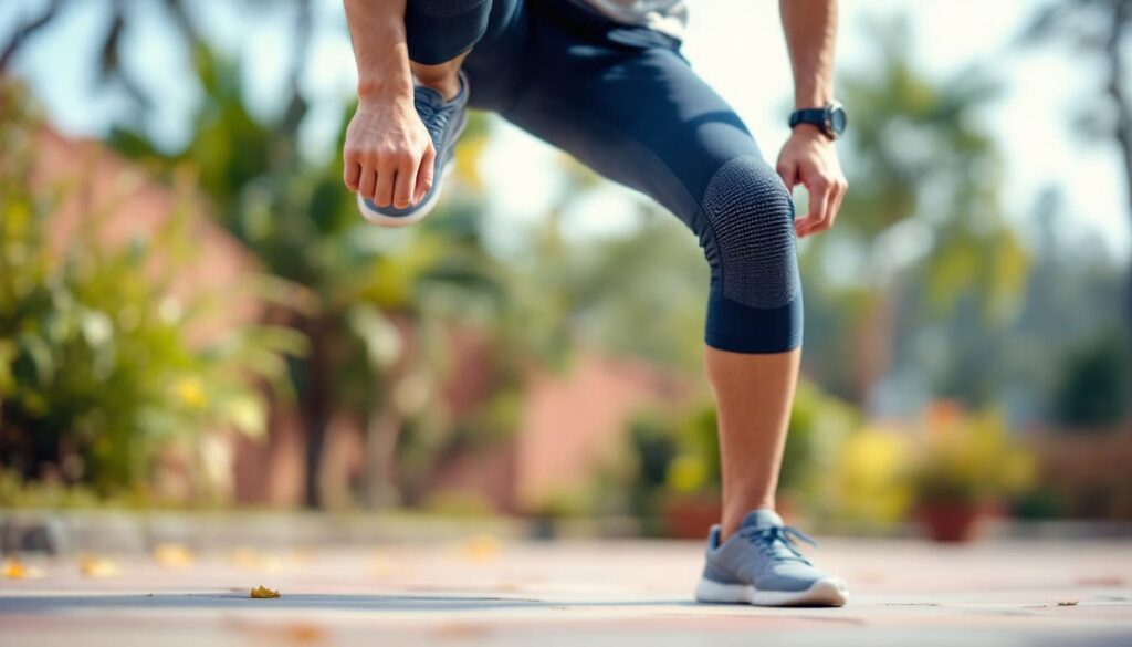 persona con ropa deportiva tocando rodilla en parque despues de ejercicio