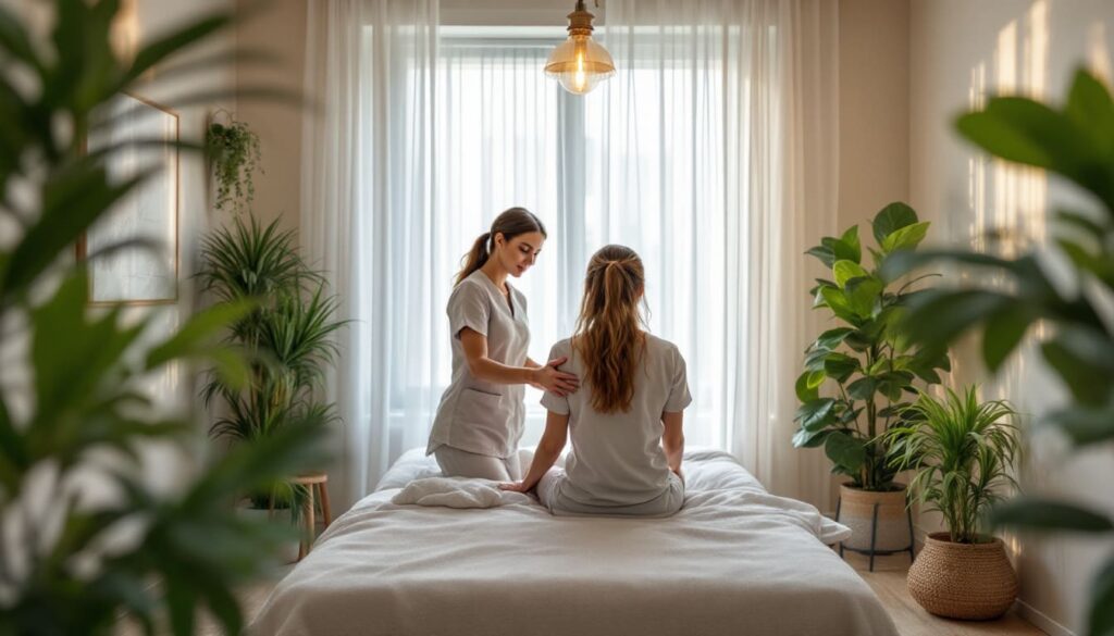 sesion de terapia conversacional en consulta con luz natural y plantas en fondo