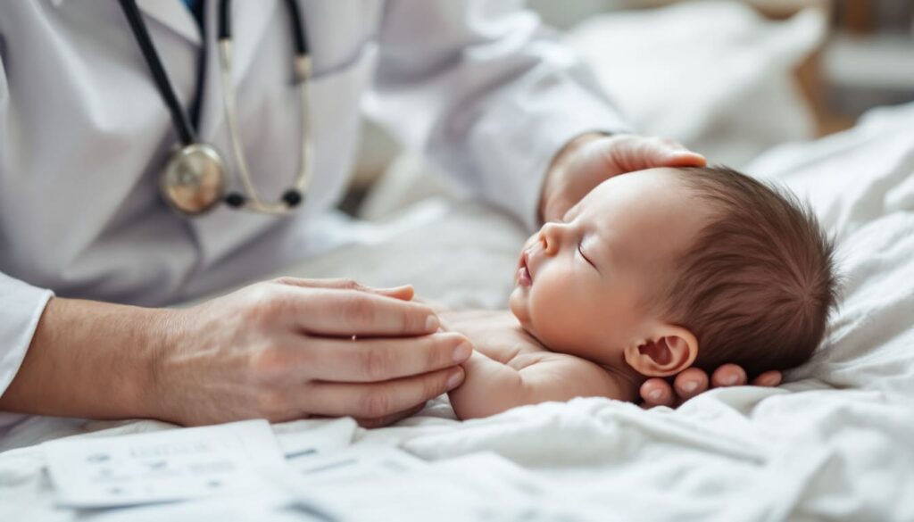 medico sosteniendo bebe durante revision medica en consulta con luz natural y manos del profesional