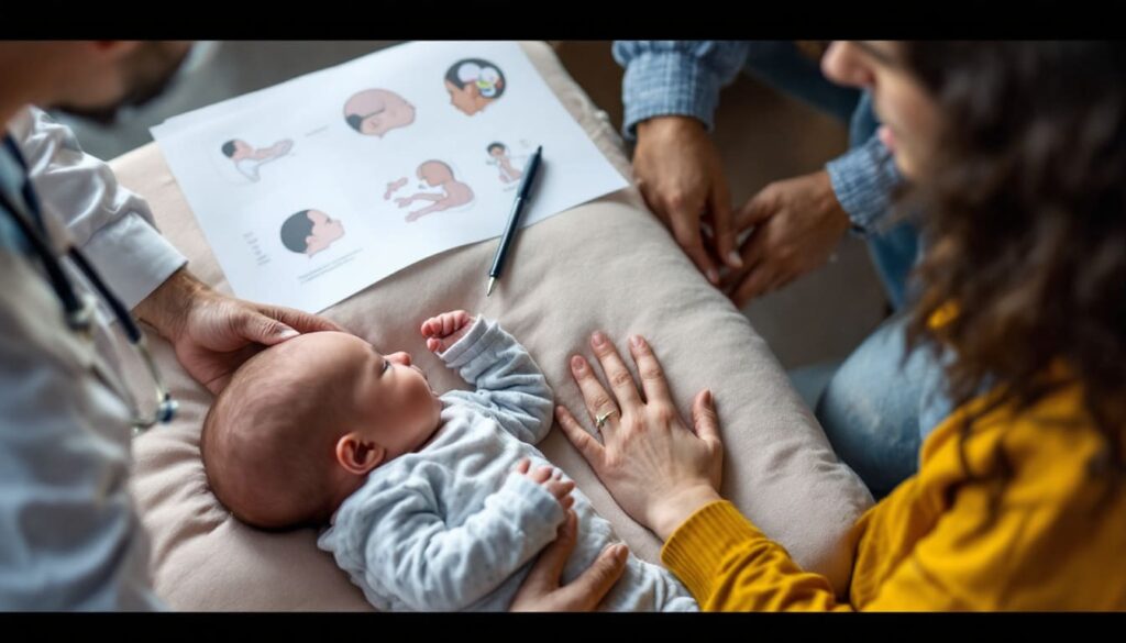 padres y medico revisando datos y dibujos relacionados con el cuidado del bebe en consulta pediatrica